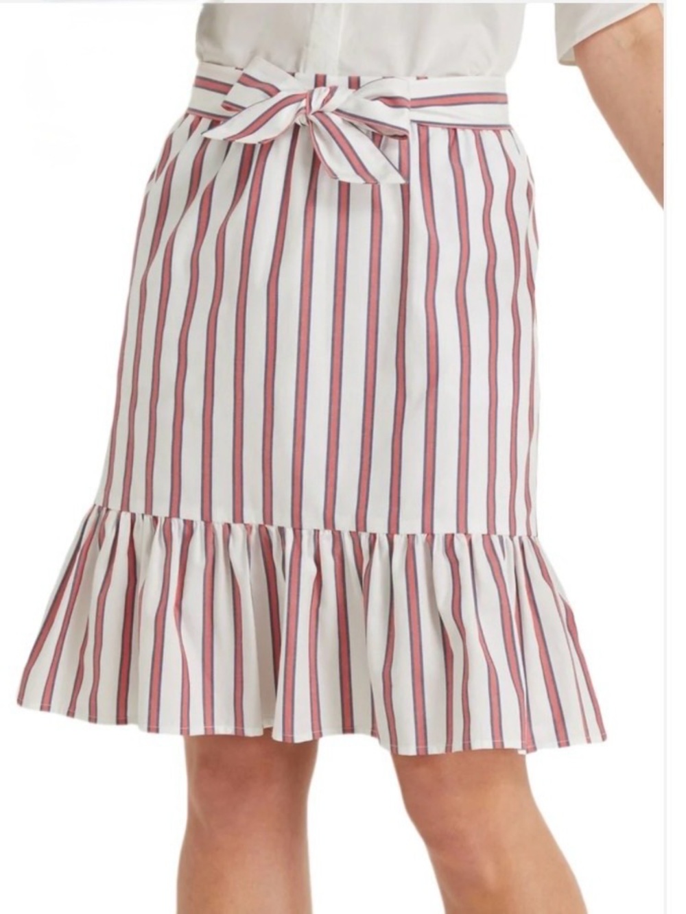 Draper James White Skirt with Rose and Navy Stripes and Ruffle Hem